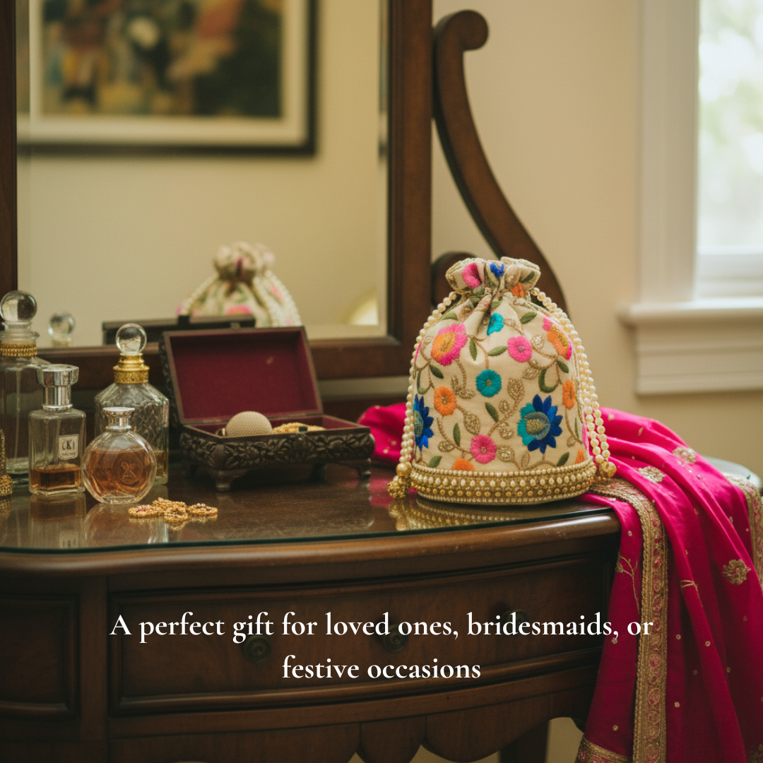 Handmade Potli Bag for Women – Vintage Pearl Beaded Wedding Clutch & Diwali Gift Purse