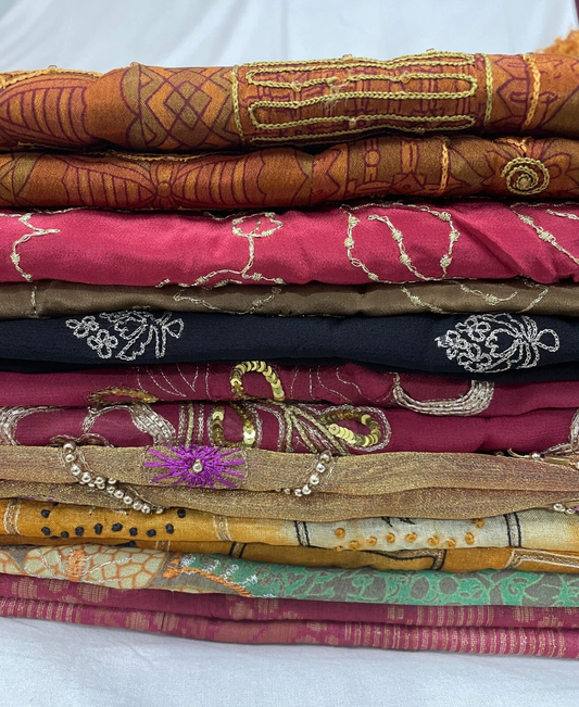 Sustainable Bulk Saree Fabric – Sanskriti Vintage Assorted Recycled Embroidered Silk Sarees for Crafting and DIY Projects