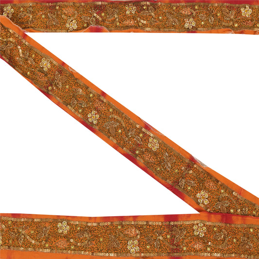 SANSKRITI VINTAGE Border Hand Beaded Craft Trims Decor Lace 1YD Maroon Saffron