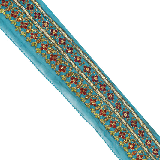 Sanskriti Vintage Saree Border Hand Beaded Craft Patch Work Trims Lace 1 YD Blue