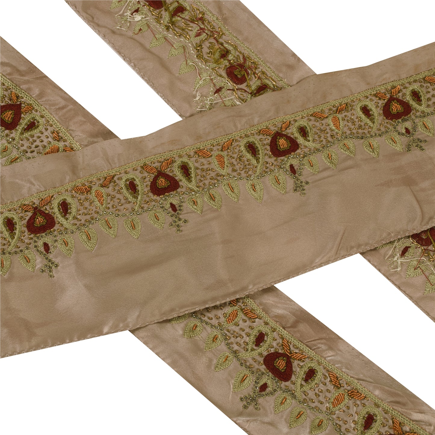 Sanskriti Vintage Sari Border Hand Bead Craft Zari Trims Zardozi Lace 1YD Beige