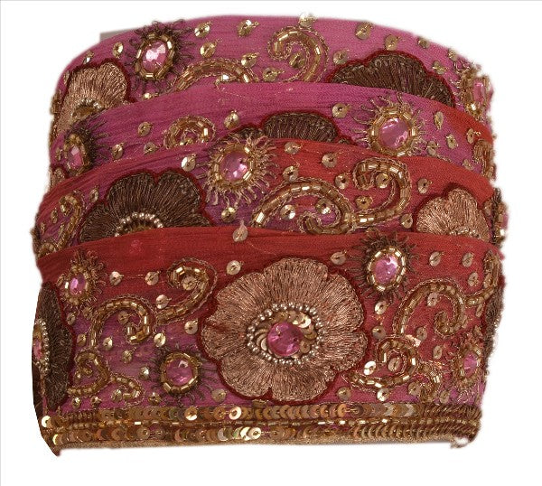 Sanskriti Vintage Saree Border Hand Beaded Indian Craft Trims Lace 1 Yard Pink