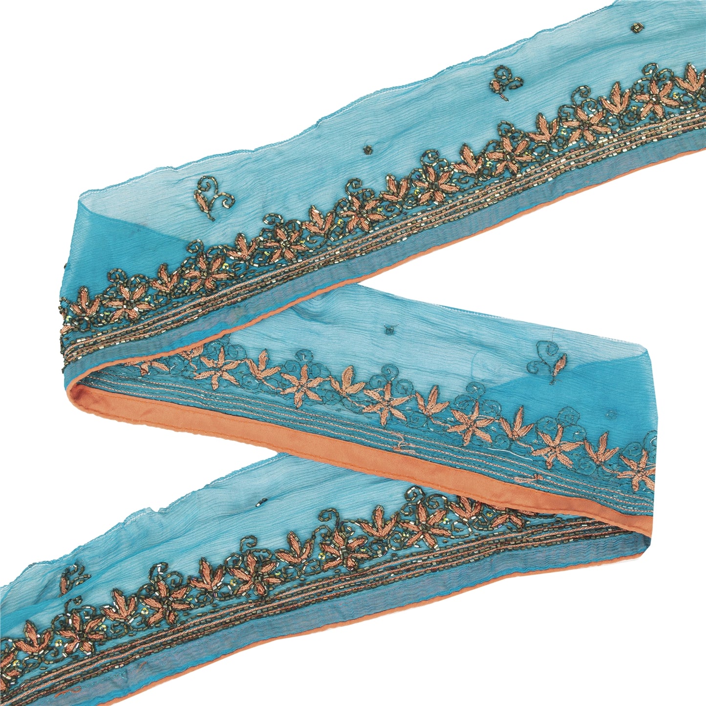 Sanskriti Vintage Saree Border Hand Beaded Indian Craft Trims Lace 1 Yard Blue