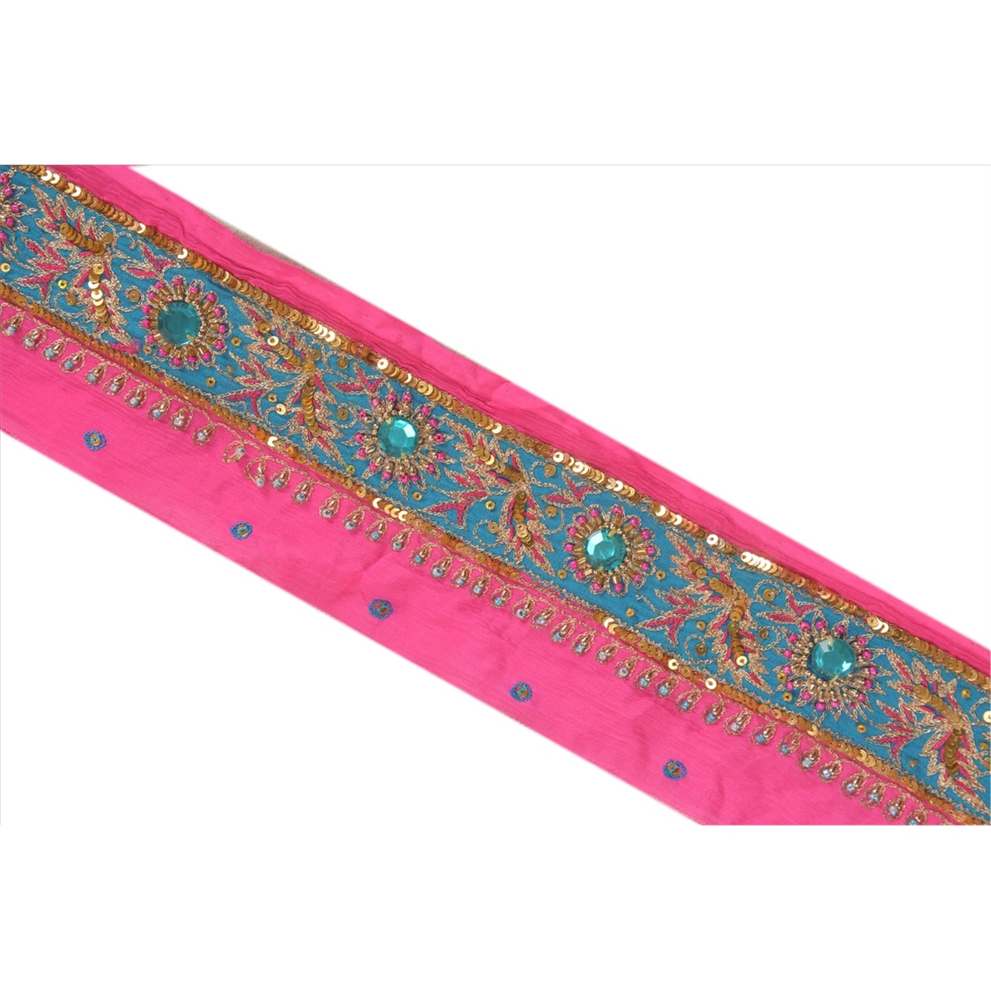 Sanskriti Vintage Saree Border Hand Beaded Indian Zari Craft Trims Lace 1Yd Pink
