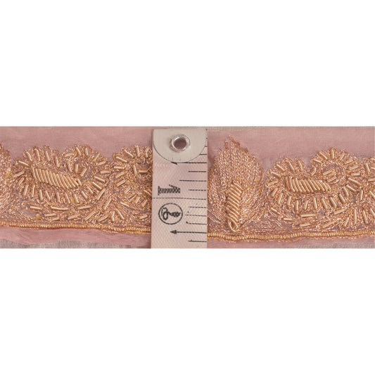 Sanskriti Vintage Saree Border Hand Embroidered Dabka Trims Lace 1 Yard Pink