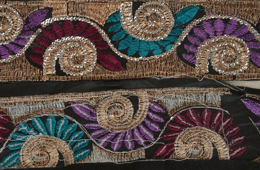 Sanskriti Vintage Saree Border Embroidered Indian Craft Trims Lace 1 Yard Black