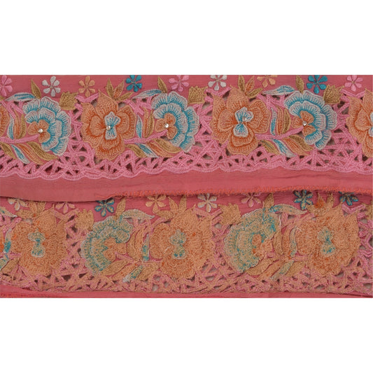 Sanskriti Vintage Saree Border Pink 1 Yd 2.5"W Pure Crepe Silk Hand Bead Trim Sewing Sari Lace Ribbon For Embelishment, Dress Decor Fabric