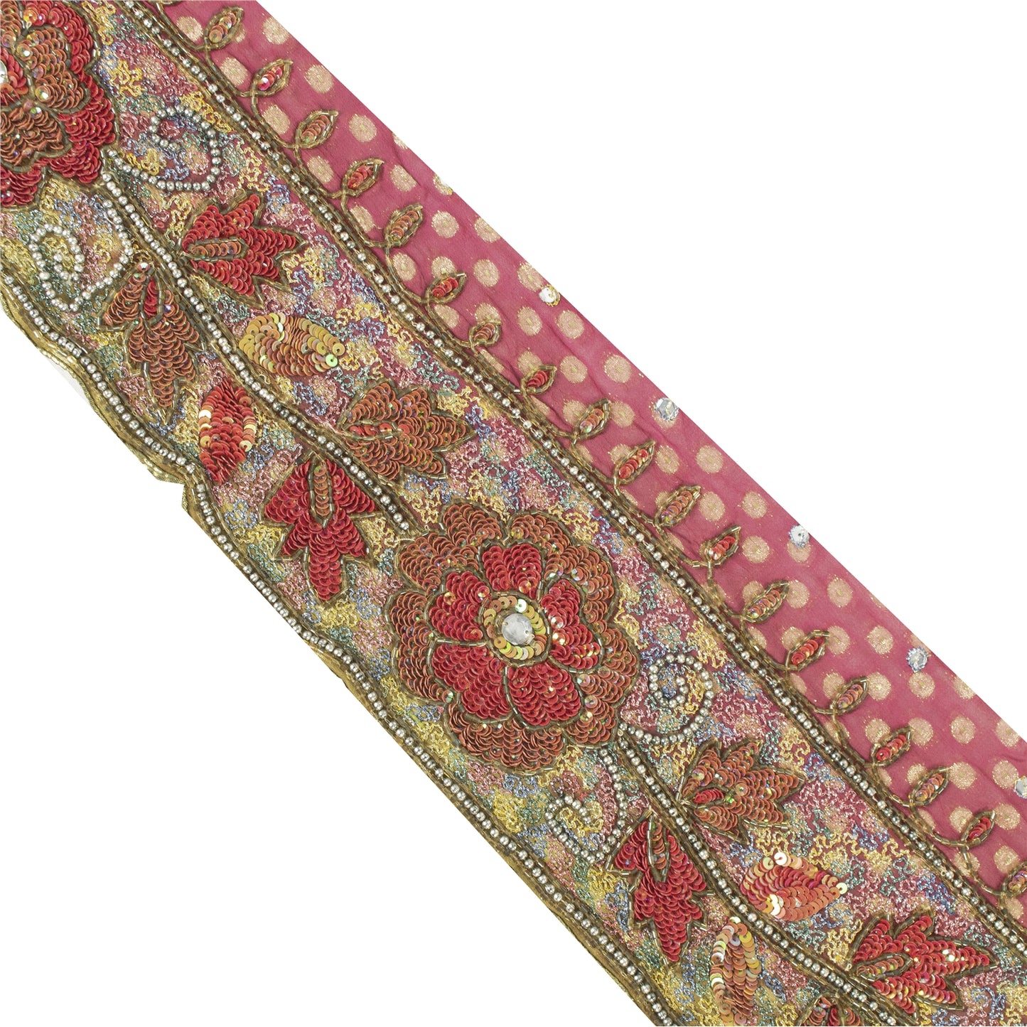 Sanskriti Vintage Saree Border 1 Yd 6.1" Cotton Pink Hand Beaded Indian Trim Sequins Saree Lace