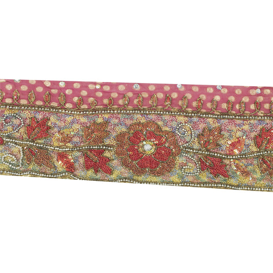 Sanskriti Vintage Saree Border 1 Yd 6.1" Cotton Pink Hand Beaded Indian Trim Sequins Saree Lace