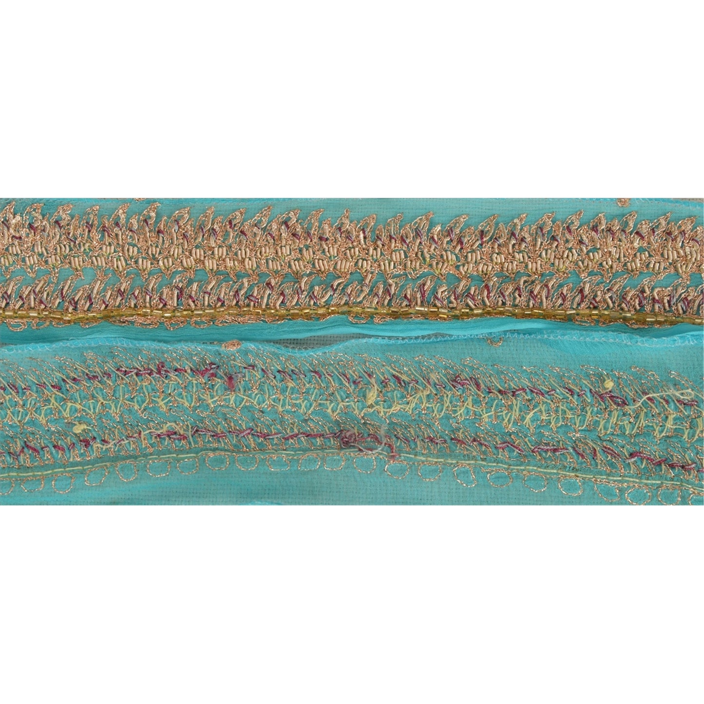 Sanskriti Vintage Border Antique Hand Bead Zardozi 1YD Trim Ribbon Sky Blue Lace