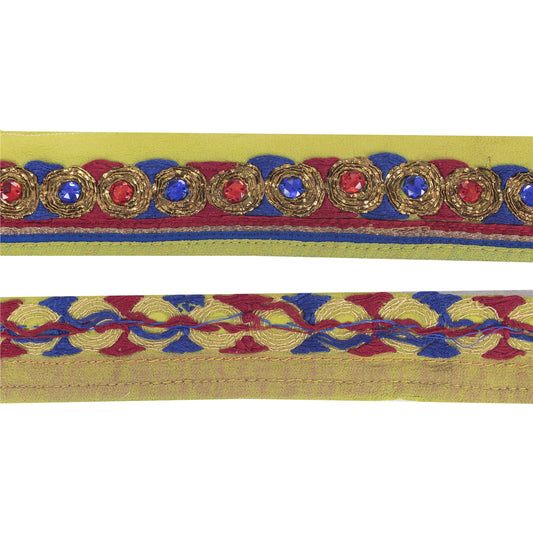 Vintage Sari Border Antique Hand Beaded 1 YD Indian Trim Décor Ribbon Green Lace