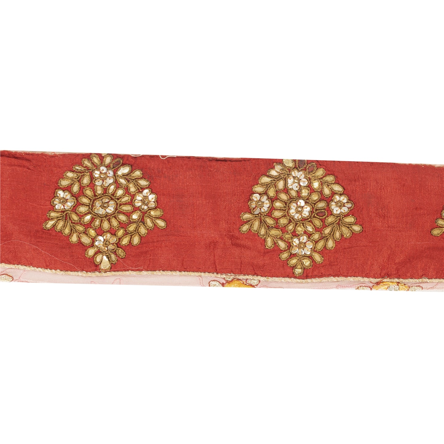 Sanskriti Vintage Saree Border Red 1 Yd 3.5"W Artificial Silk Hand Beaded Gota Patti Dabka Sequins Sari Trim Lace Ribbon For Embelishment