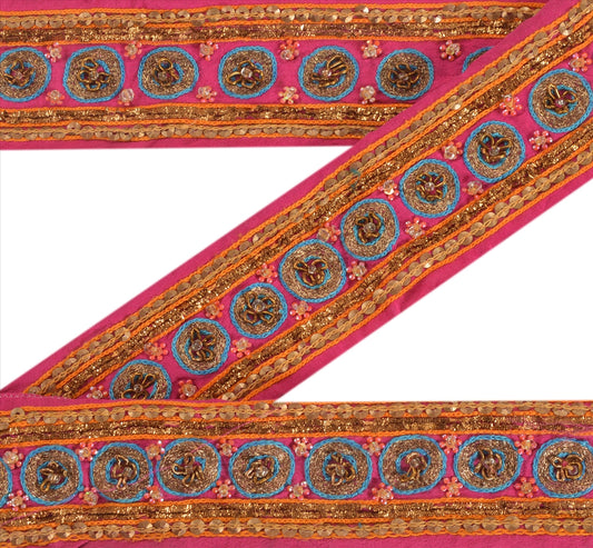Sanskriti Vintage Sari Border Antique Hand Bead Zardozi1YD Trim Sewing Pink Lace