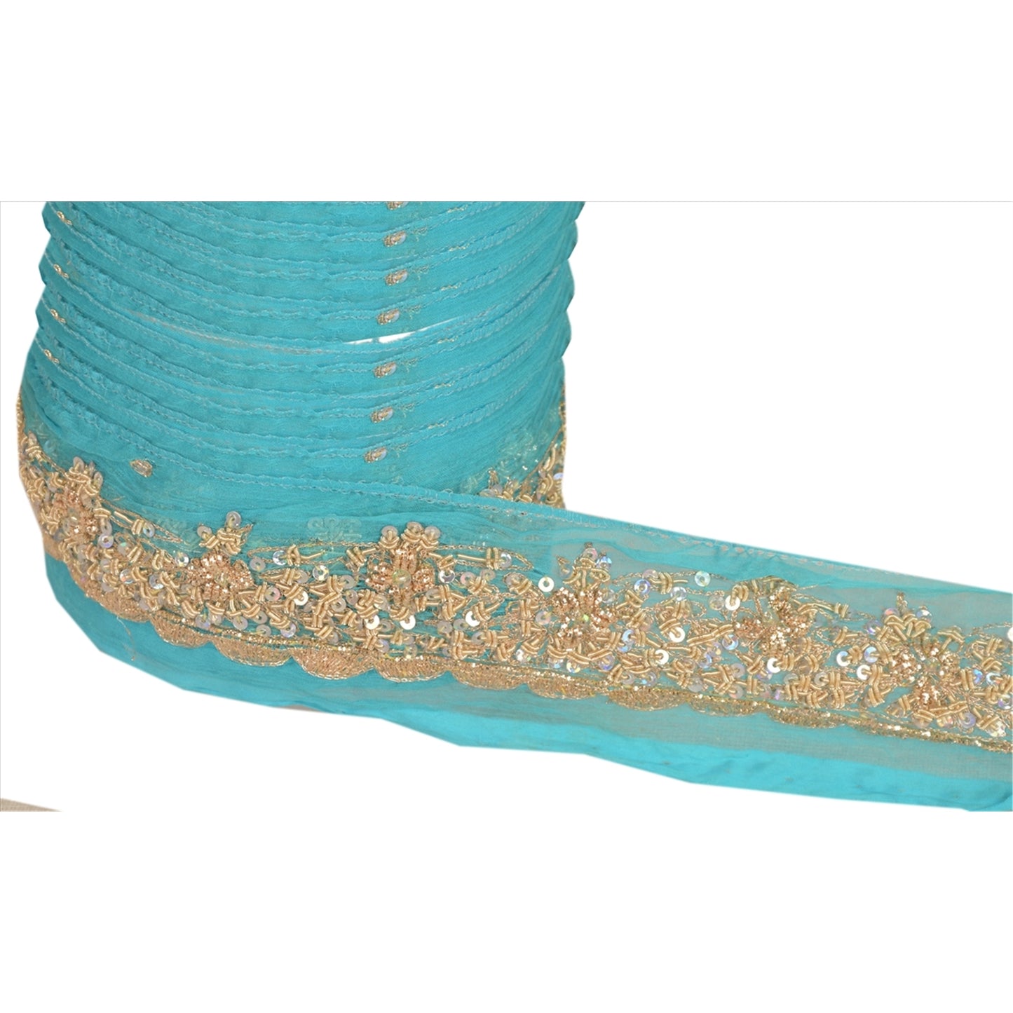 Sanskriti Vintage Saree Border 1 Yd 1.5"W Blue Chiffon Silk Hand Beaded Zari Zardozi Dabka Sequins Indian Trim Zardozi Ribbon Lace