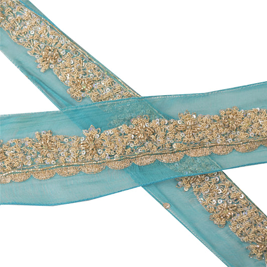 Sanskriti Vintage Saree Border 1 Yd 1.5"W Blue Chiffon Silk Hand Beaded Zari Zardozi Dabka Sequins Indian Trim Zardozi Ribbon Lace