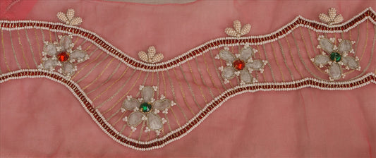 Sanskriti Vintage Sari Border Hand Beaded 1 Yd Indian Trim Sewing Pink Zari Lace