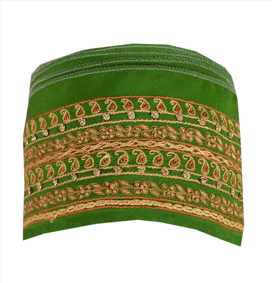 Sanskriti Vintage Sari Border Hand Embroidered 1Yd Trim Sewing Green Floral Lace