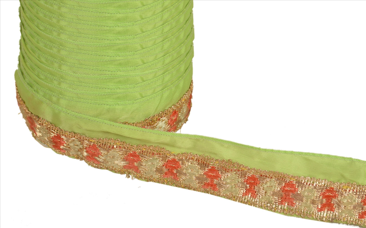 Sanskriti Vintage Sari Border Hand Embroidered 1 YD Trim Art Silk Ribbon Green