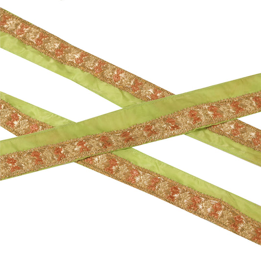 Sanskriti Vintage Sari Border Hand Embroidered 1 YD Trim Art Silk Ribbon Green