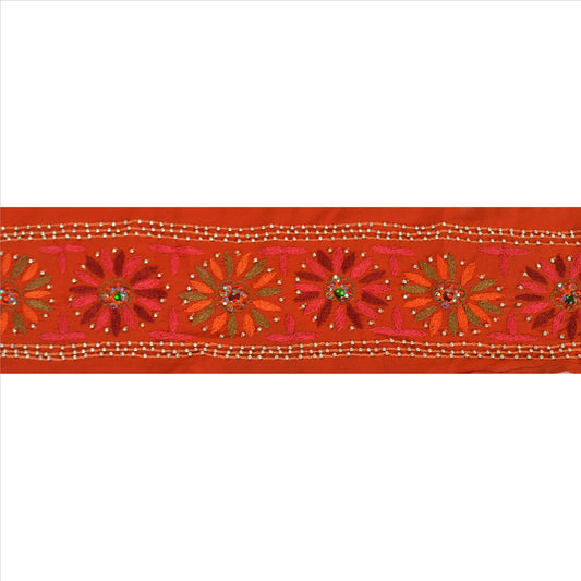 Sanskriti Vintage Border Antique Hand Beaded 1 Yd Indian Trim Sewing Orange Lace