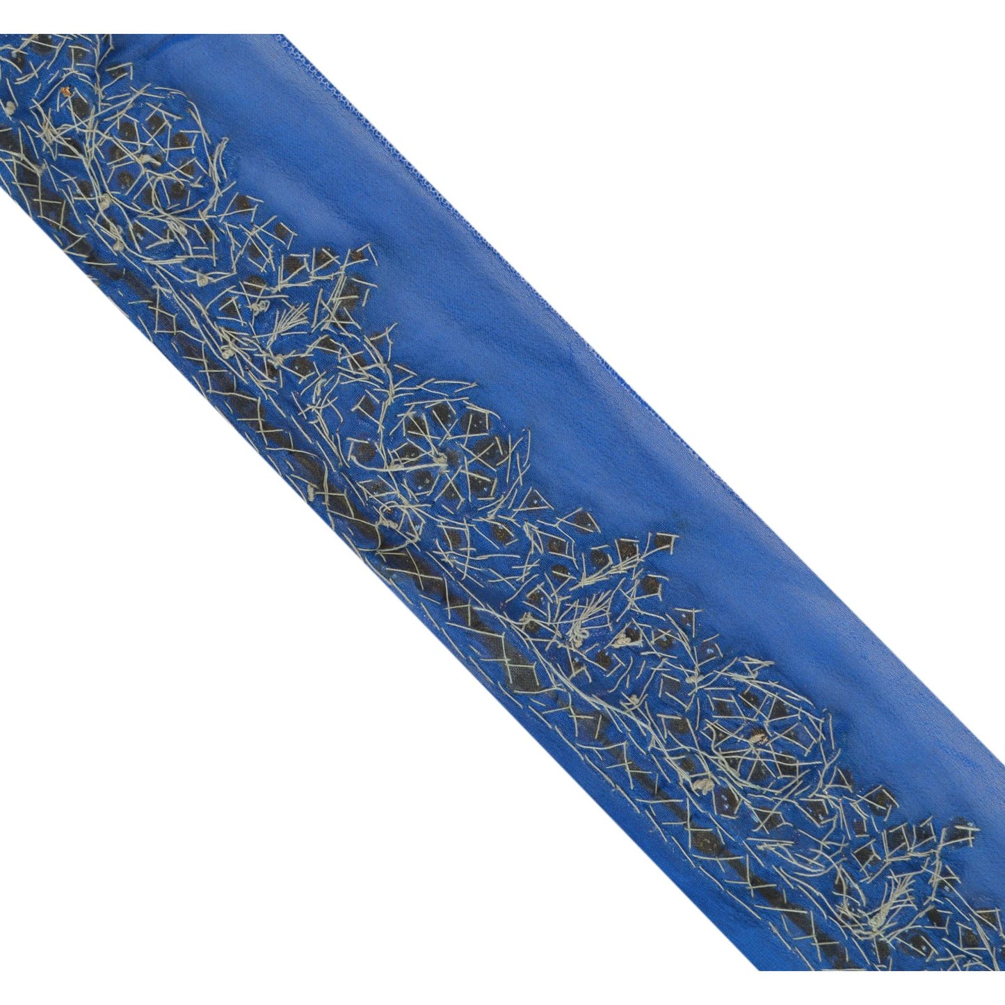 Sanskriti Vintage Sari Border Hand Beaded 1 Yd Trim Ribbon Blue Gota Patti Lace