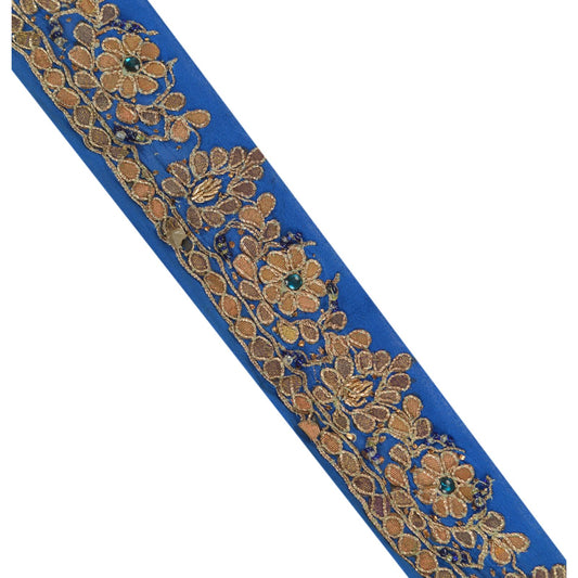 Sanskriti Vintage Sari Border Hand Beaded 1 Yd Trim Ribbon Blue Gota Patti Lace