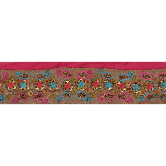 Sanskriti Vintage Sari Border Hand Beaded 1 Yd Indian Trim Ribbon Pink Lace