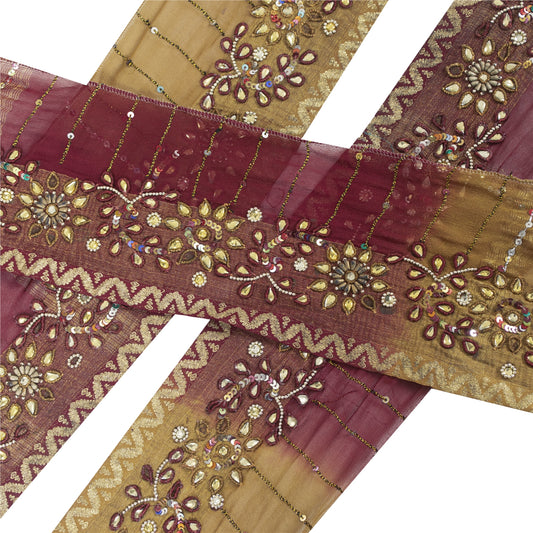 Sanskriti Vintage Sari Border Hand Beaded Leheria 1 YARD Trim Sewing Green Lace