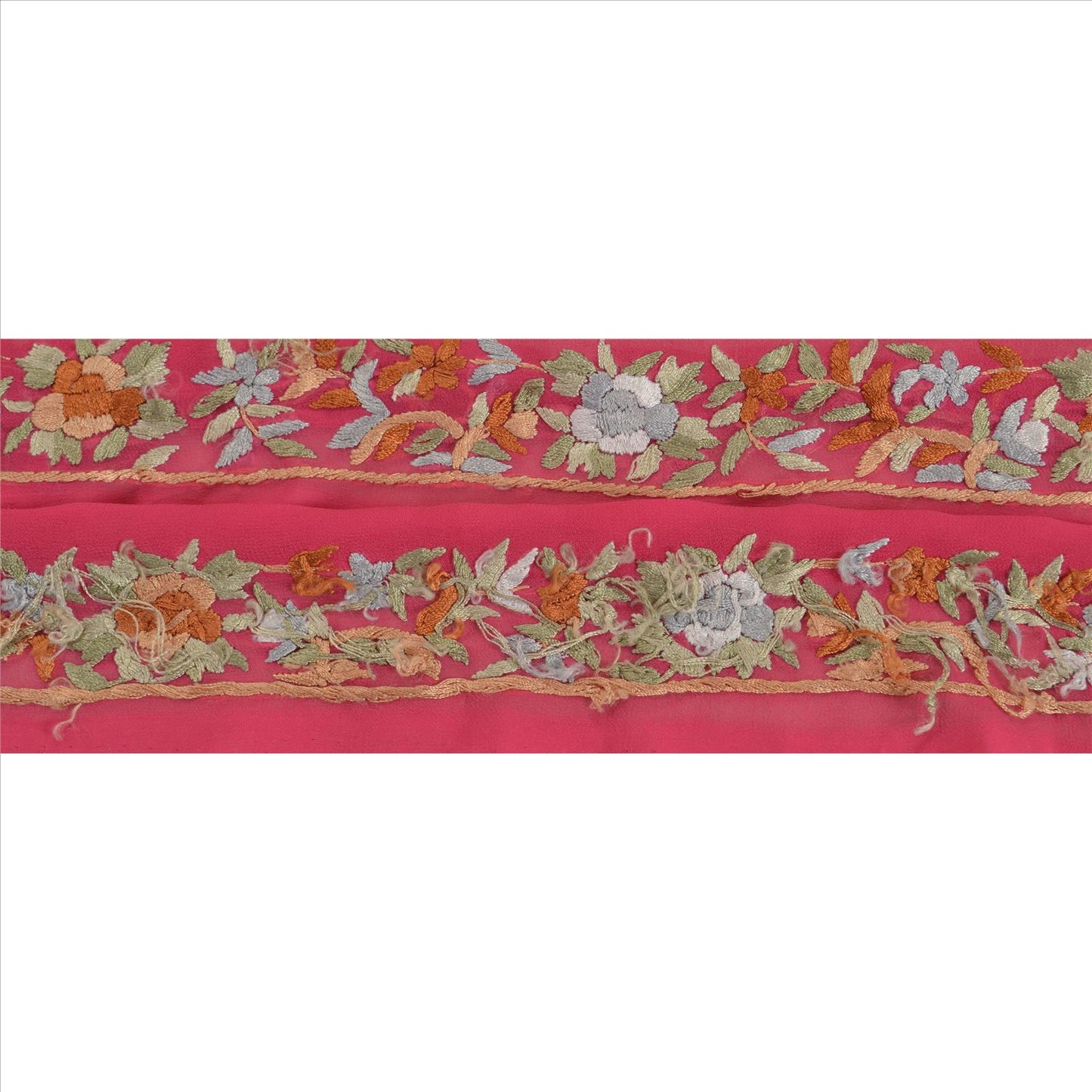 Sanskriti Vintage Sari Border Hand Embroidered 1 Yd Indian Trim Ribbon Pink Lace