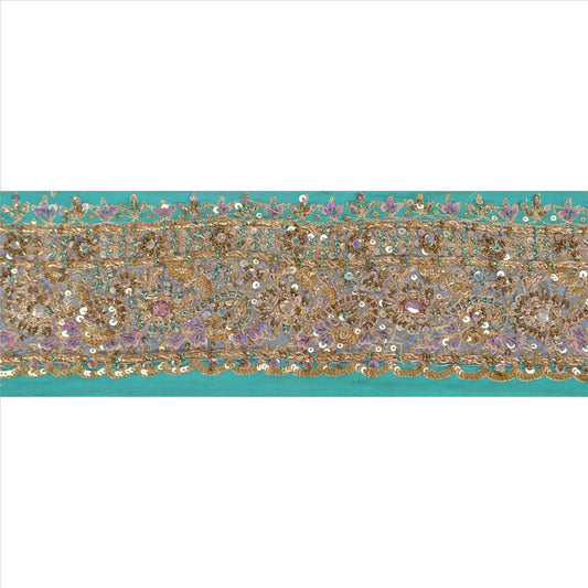 Sanskriti Vintage Sari Border Hand Beaded 1Yd Indian Trim Sewing Sea Green Lace