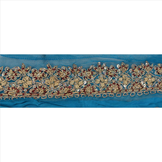 Sanskriti Vintage Saree Border Hand Beaded 1 Yd Trim Decor Ribbon Blue Lace