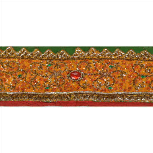 Sanskriti Vintage Sari Border Hand Beaded 1 Yd Trim Sewing Green Rhinestone Lace