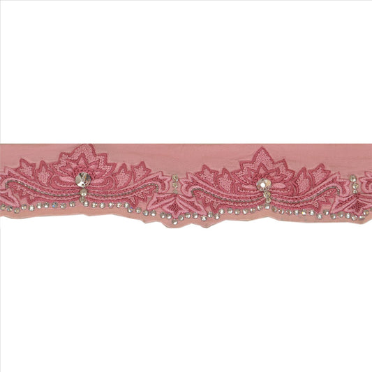SANSKRITI VINTAGE Border Hand Beaded 1 YARD Trim Sewing Pink Rhinestone Lace