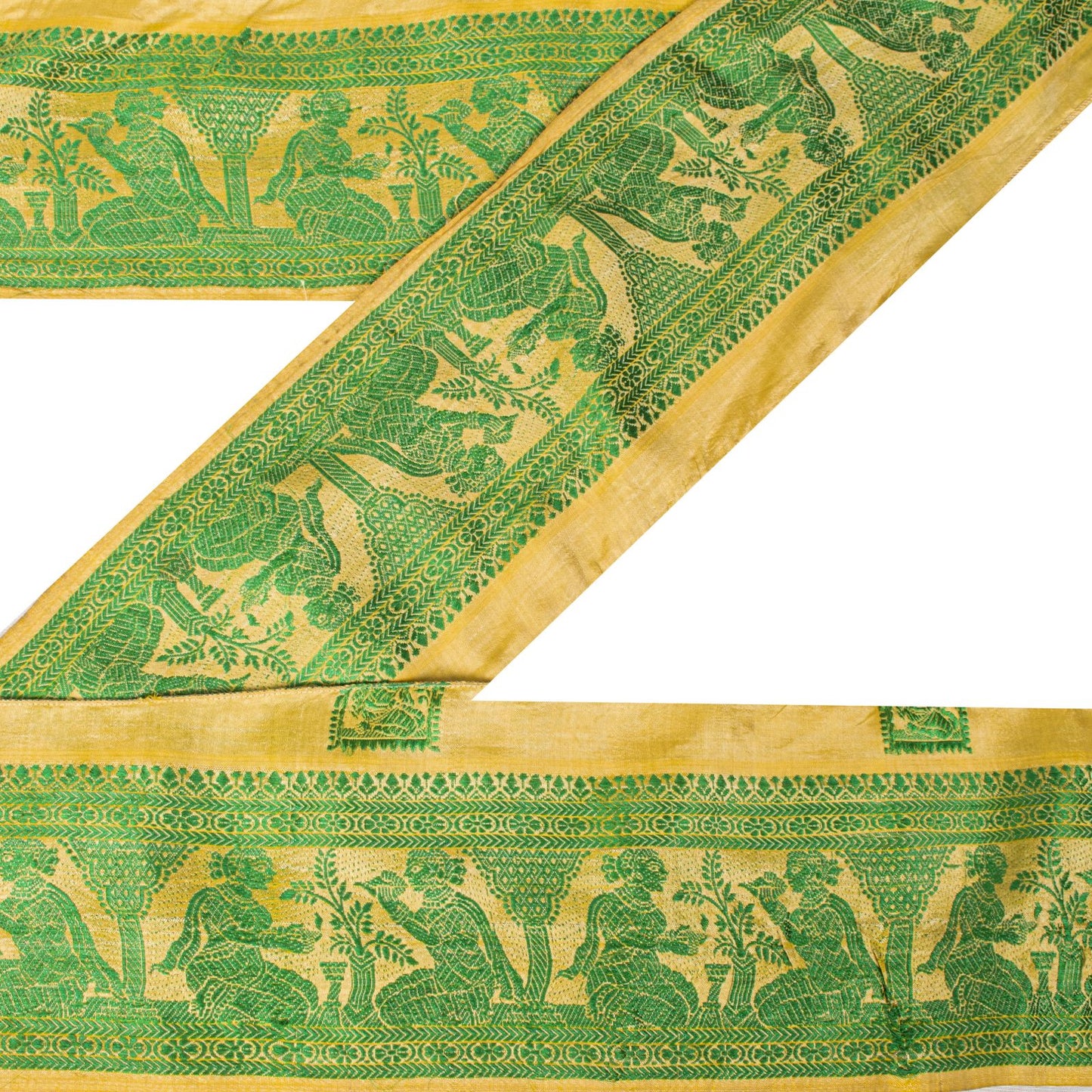 Sanskriti Vintage Green Pure Silk 1 YD Sari Border Baluchari Handwoven Trim Lace