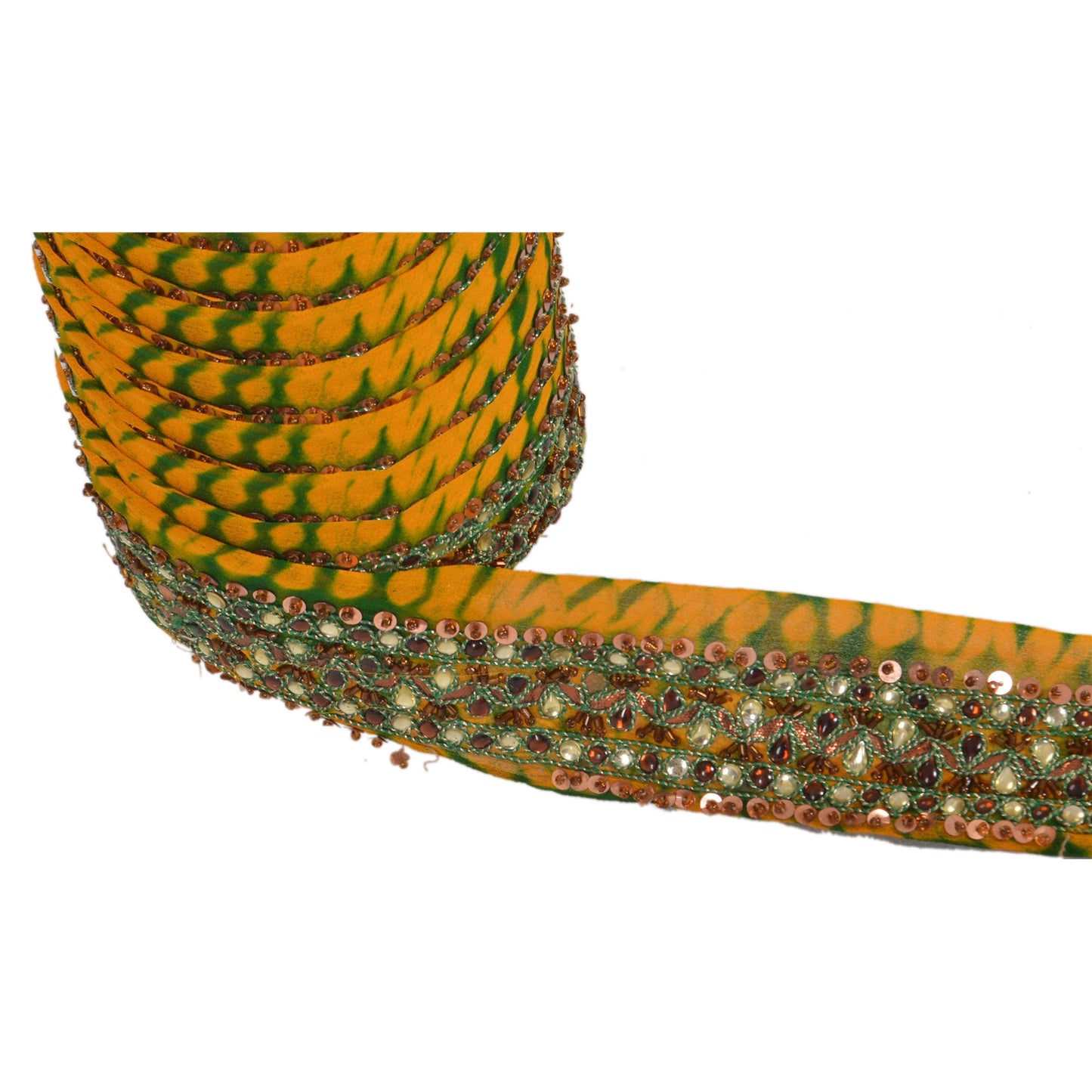 SANSKRITI VINTAGE Border Antique Hand Beaded Leheria 1YD Trim Sewing Yellow Lace