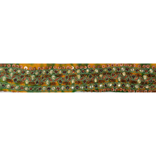 SANSKRITI VINTAGE Border Antique Hand Beaded Leheria 1YD Trim Sewing Yellow Lace