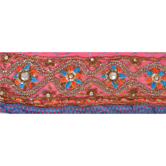SANSKRITI VINTAGE Border Hand Beaded 1 YD Trim Sewing Pink Rhinestone Lace