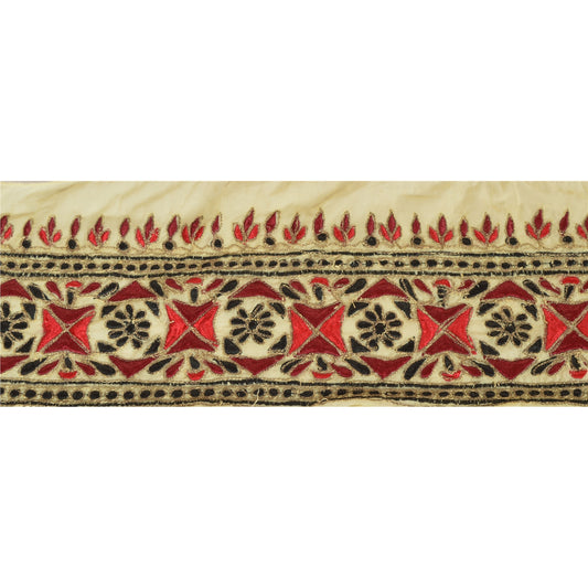 Sanskriti Vintage Sari Border Hand Embroidered 1 Yd Trim Sewing Cream Zari Lace