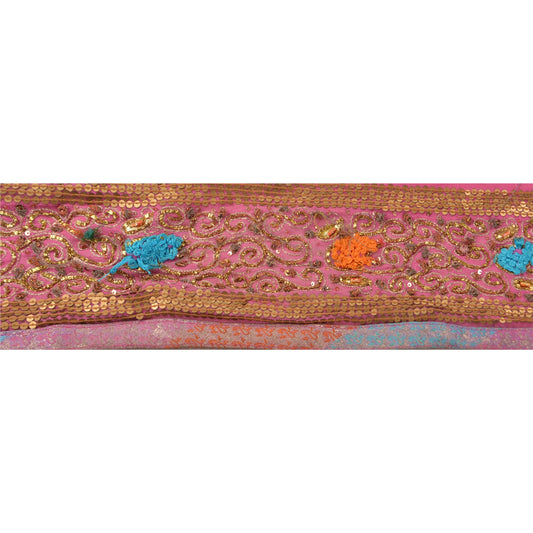 Sanskriti Vintage Border Hand Beaded 1 Yard Indian Trim Sewing Pink Decor Lace