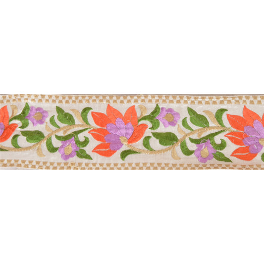 SANSKRITI VINTAGE Border Hand Embroidered 1 Yard Trim Sewing White Craft Lace