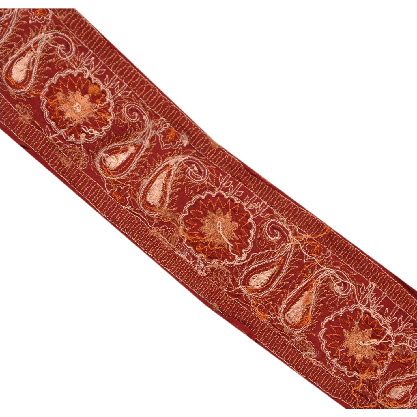 Sanskriti Vintage Sari Border Hand Embroided 1Yd Trim Sewing Dark Red Craft Lace