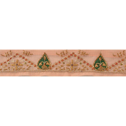 SANSKRITI VINTAGE Border Hand Beaded 1 YD Indian Trim Sewing Peach Zari Lace