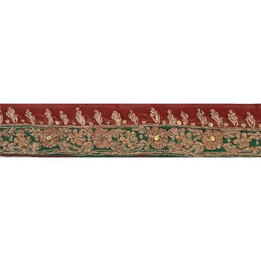 Sanskriti Vintage Sari Border Hand Beaded 1 Yd Indian Trim Ribbon Dark Red Lace