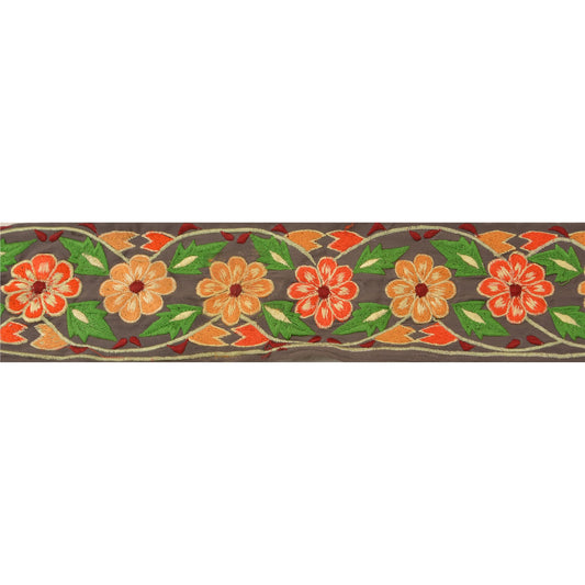 Sanskriti Vintage Border Embroidered Thread 1 YD Trim Sewing Grey Silk Lace 3"W