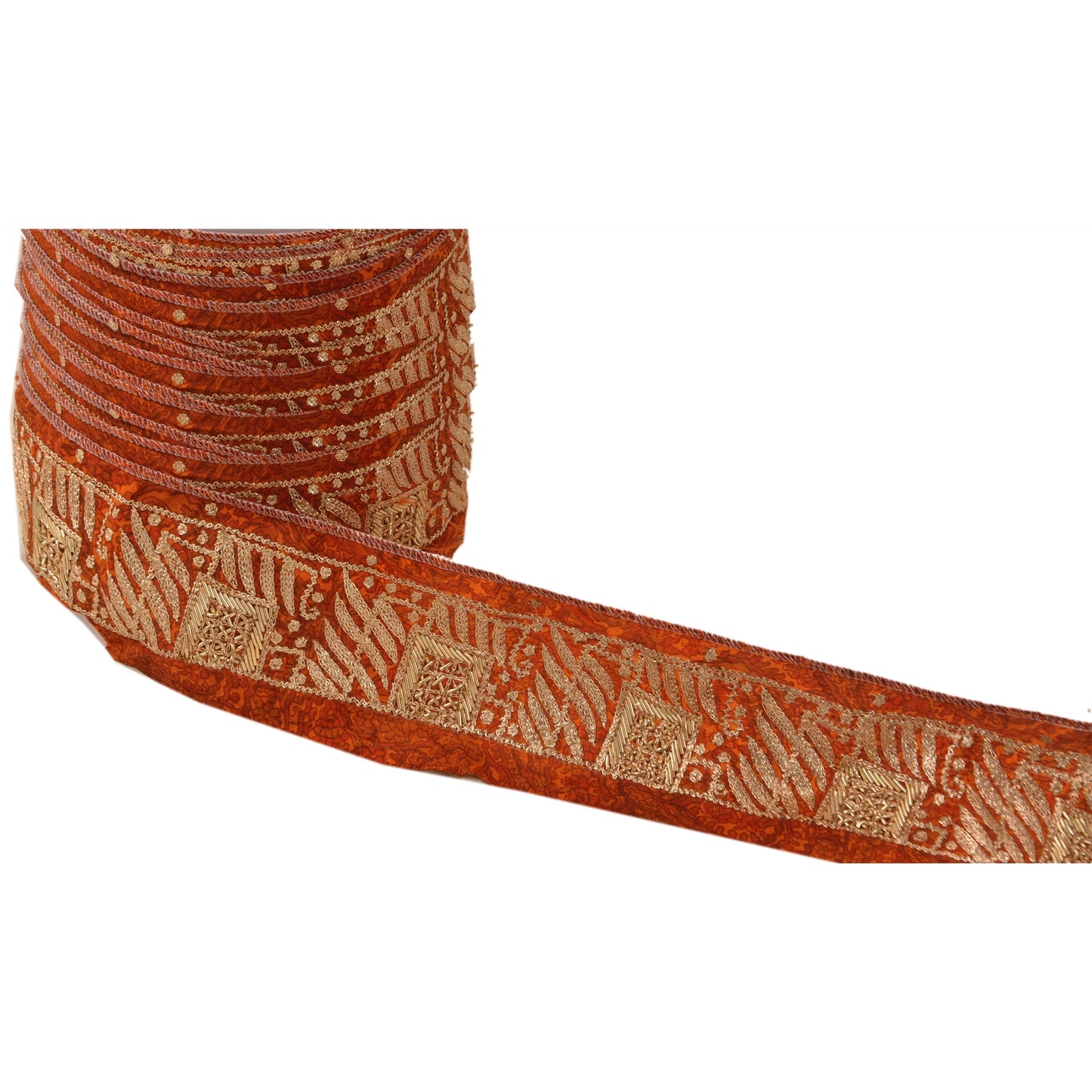 Sanskriti Vintage Border Hand Embroidery 1YD Trim Zari Zardozi Orange Craft Lace