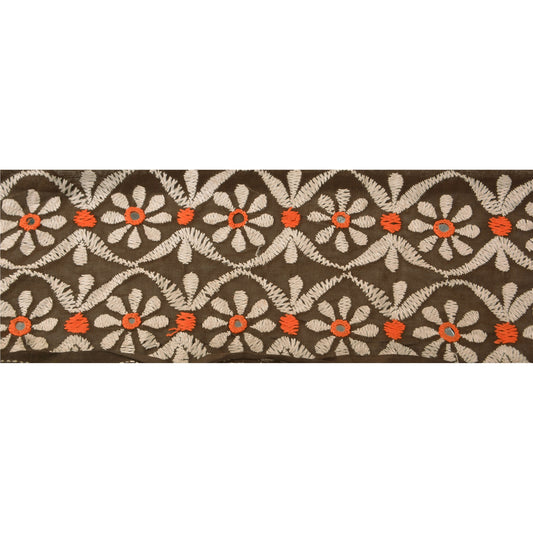 Sanskriti Vintage Sari Border Hand Embroidered 1 Yd Trim Sewing Brown Craft Lace