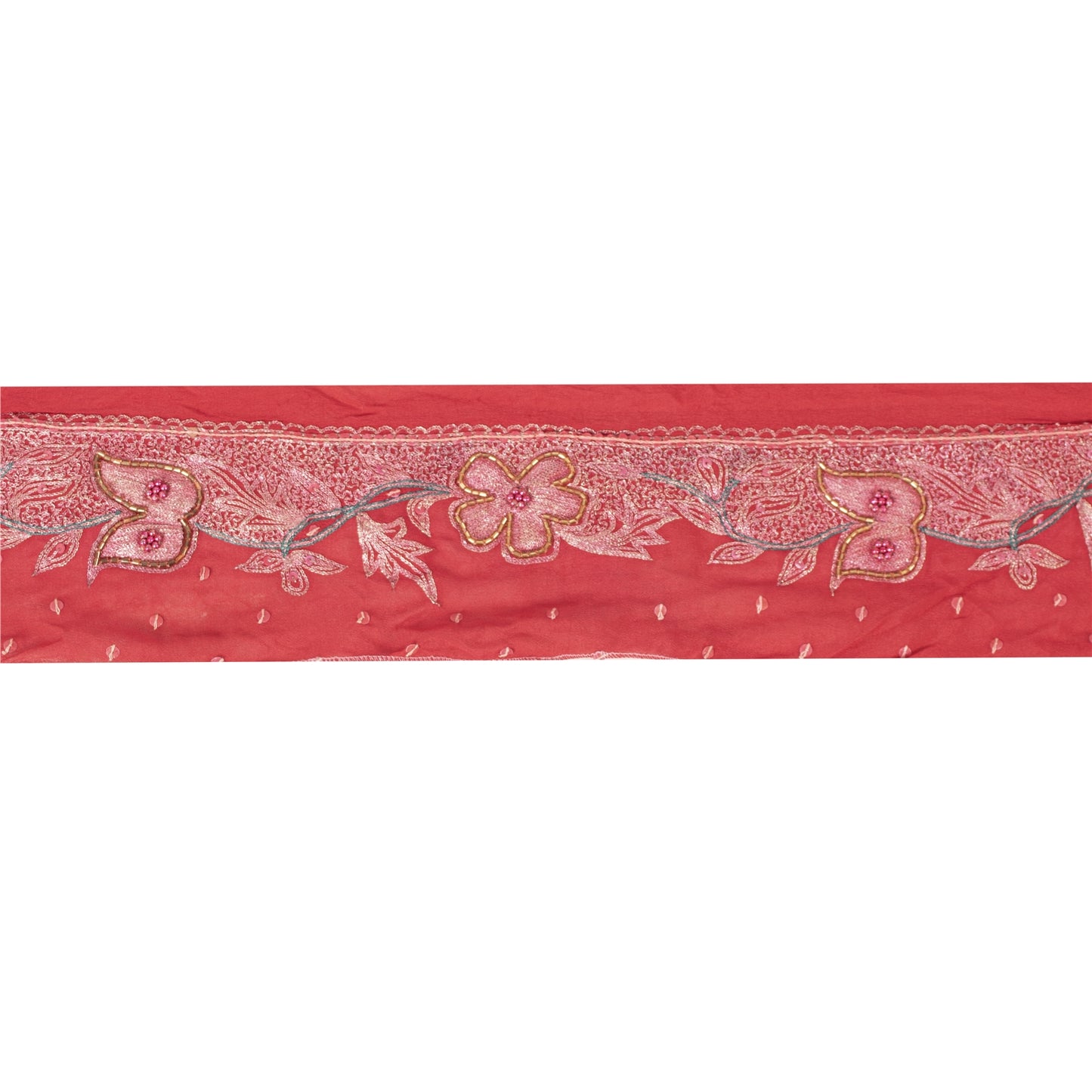 Sanskriti Vintage Sari Border Hand Beaded 1 YD Indian Trim Sewing Red Zari Lace