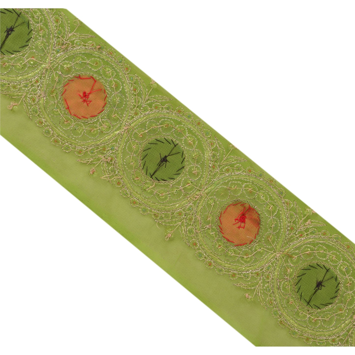 Sanskriti Vintage Sari Border Hand Beaded 1Yd Indian Trim Sewing Green Zari Lace