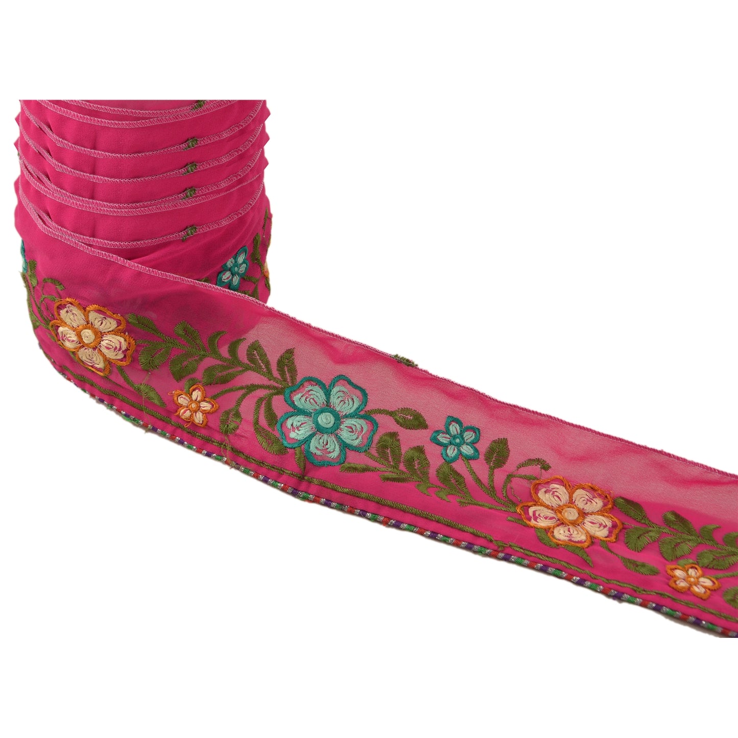 SANSKRITI VINTAGE Border Embroidered 1 YD Trim Sewing Pink Craft Floral Lace