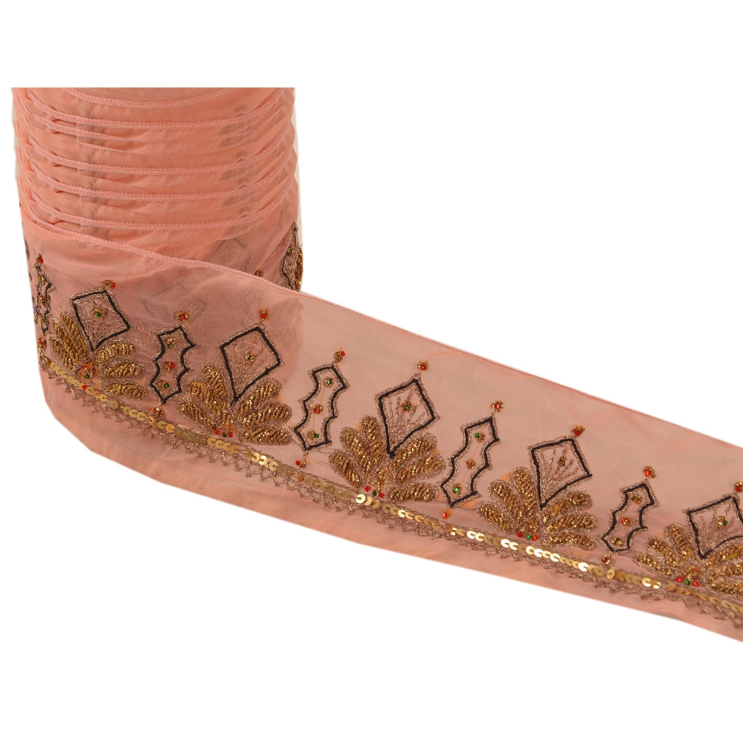Sanskriti Vintage Border Antique Hand Beaded 1 YD Trim Sequins Pink Zari Lace